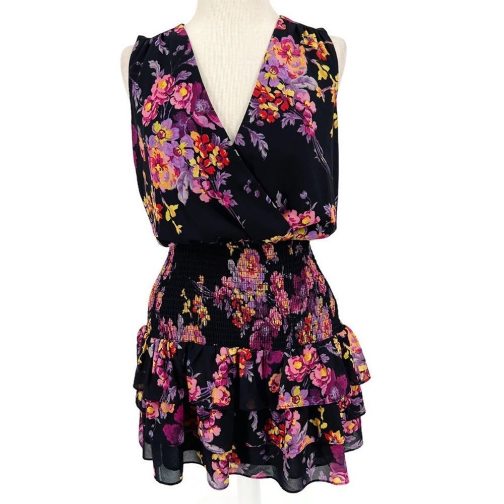 Amanda Uprichard Floral Bohemian V Neck Smocked Waist Ruffled Mini Dress S